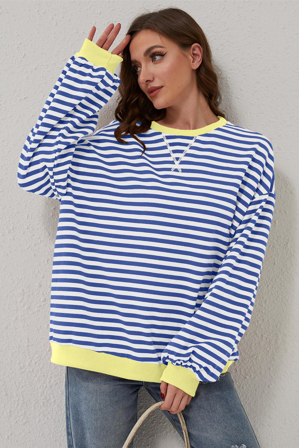 Oversized Contrast Trim Pullover Sweatshirt | Blue Stripe