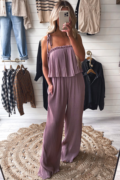 Solid Self Tied Straps Pleated Wide Leg Jumpsuit | Rose Tan