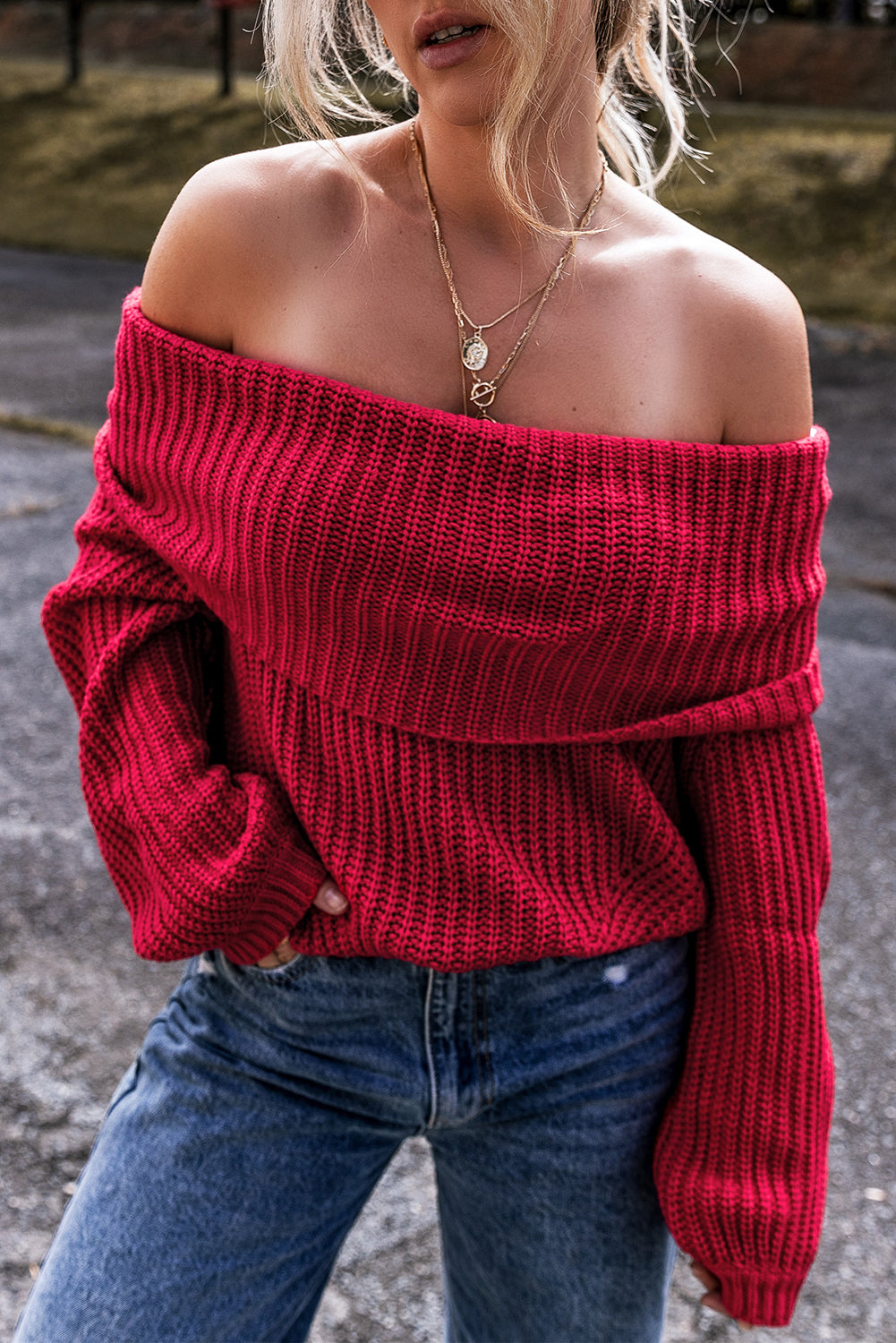 Off-The-Shoulder Knit Sweater | Racing Red