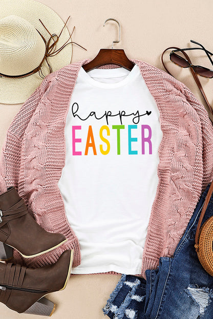 Happy Easter Round Neck Graphic Tee | White