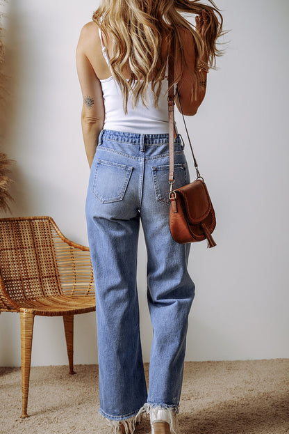 Distressed Raw Hem Straight Leg High Waist Jeans | Ashleigh Blue