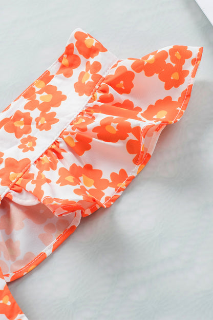 Floral Print Square Neck Ruffle Tank Top | Orange