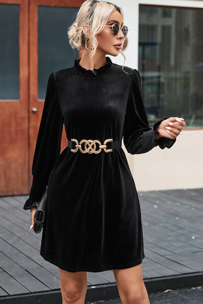 Velvet Frill Neck Long Sleeve Shift Dress | Black