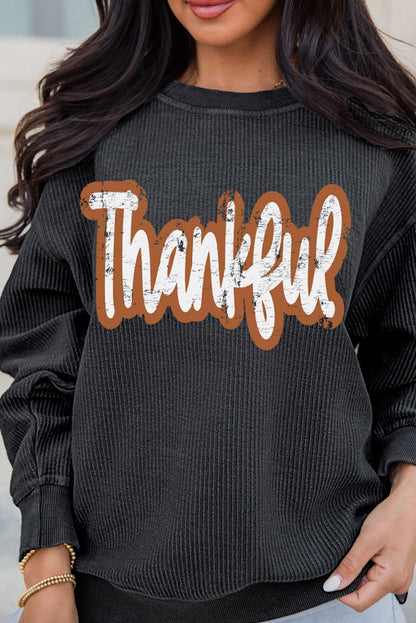 Thankful Printed Drop Shoulder Corded Thanksgiving Sweatshirt | Black