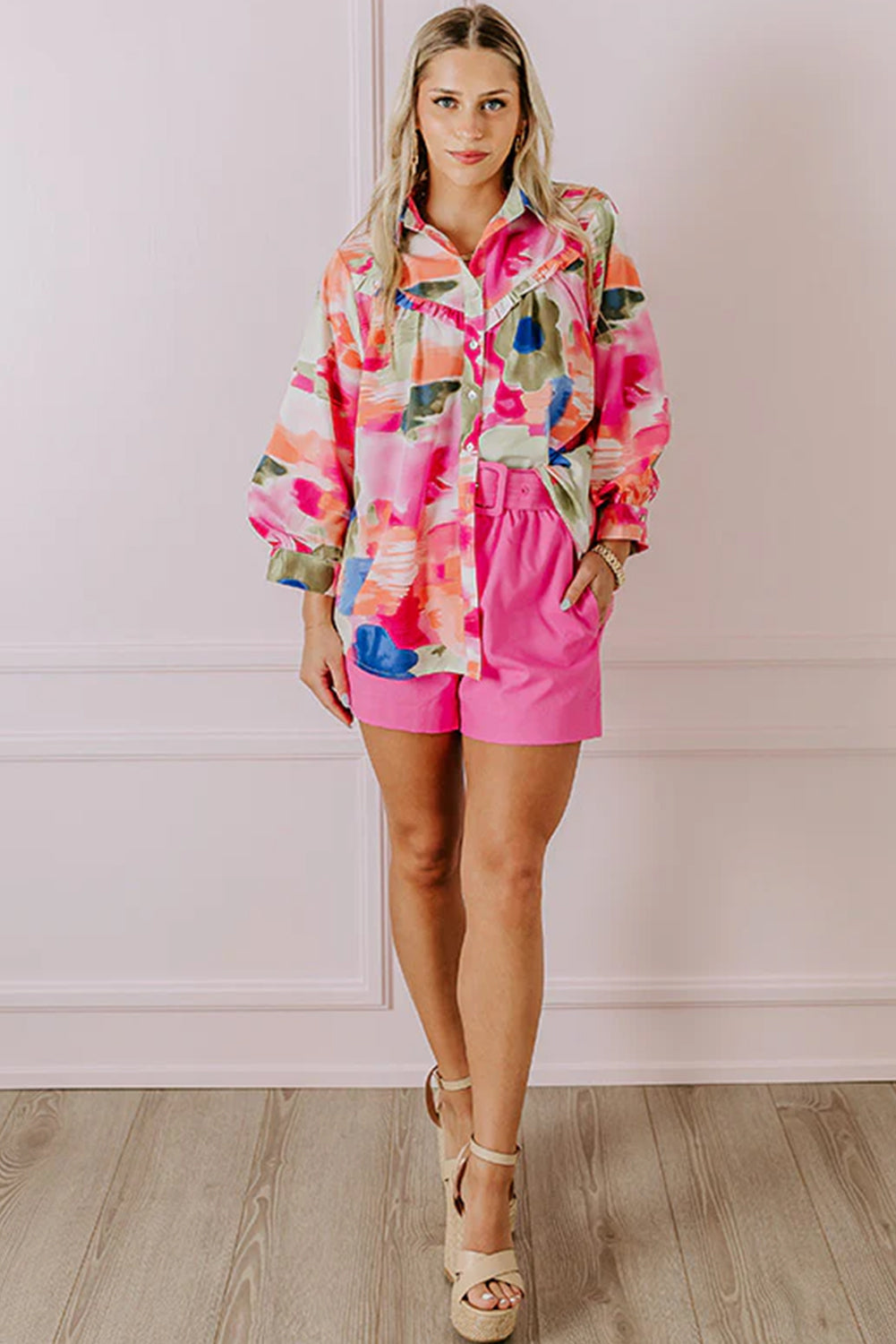 Abstract Print Ruffled Puff Sleeve Shirt | Rose