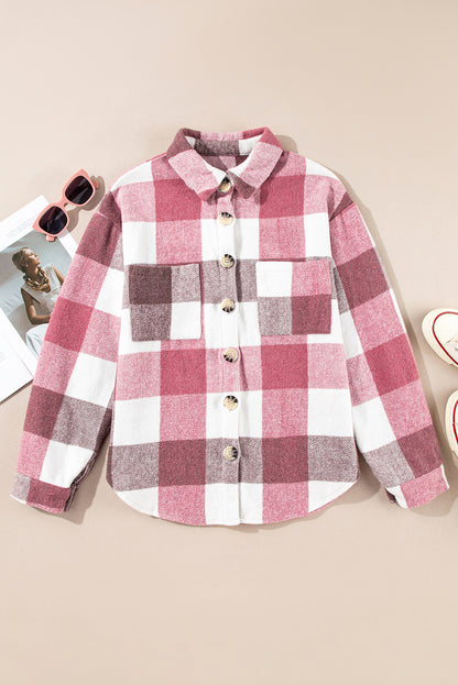 Plaid Colour Block Buttoned Long Sleeve Jacket With Pocket | Red