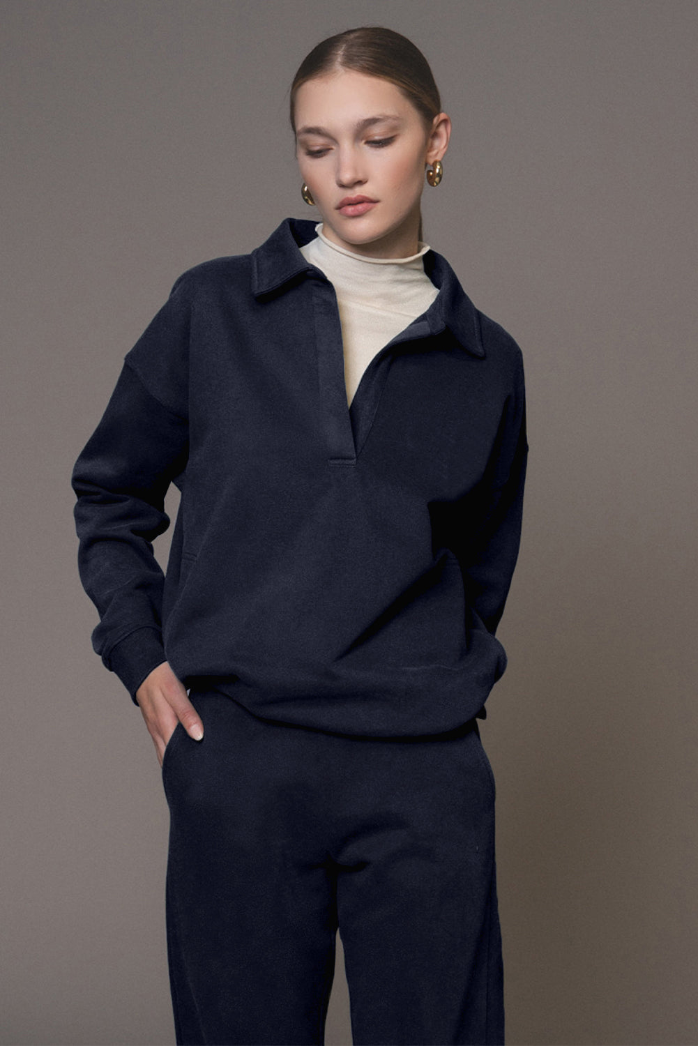 Fold Down Collar Pullover And Joggers Tracksuit | Navy Blue