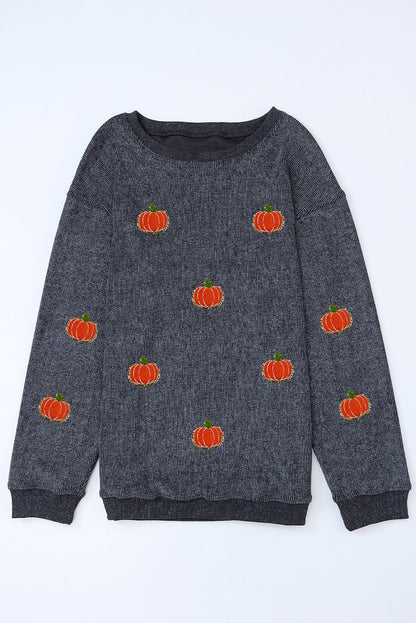 Halloween Pumpkin Graphic Drop Shoulder Ribbed Sweatshirt | Gray