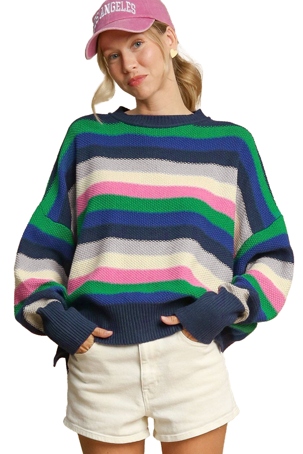 Rainbow Striped Crew Neck Drop Shoulder Sweater | Bright Green