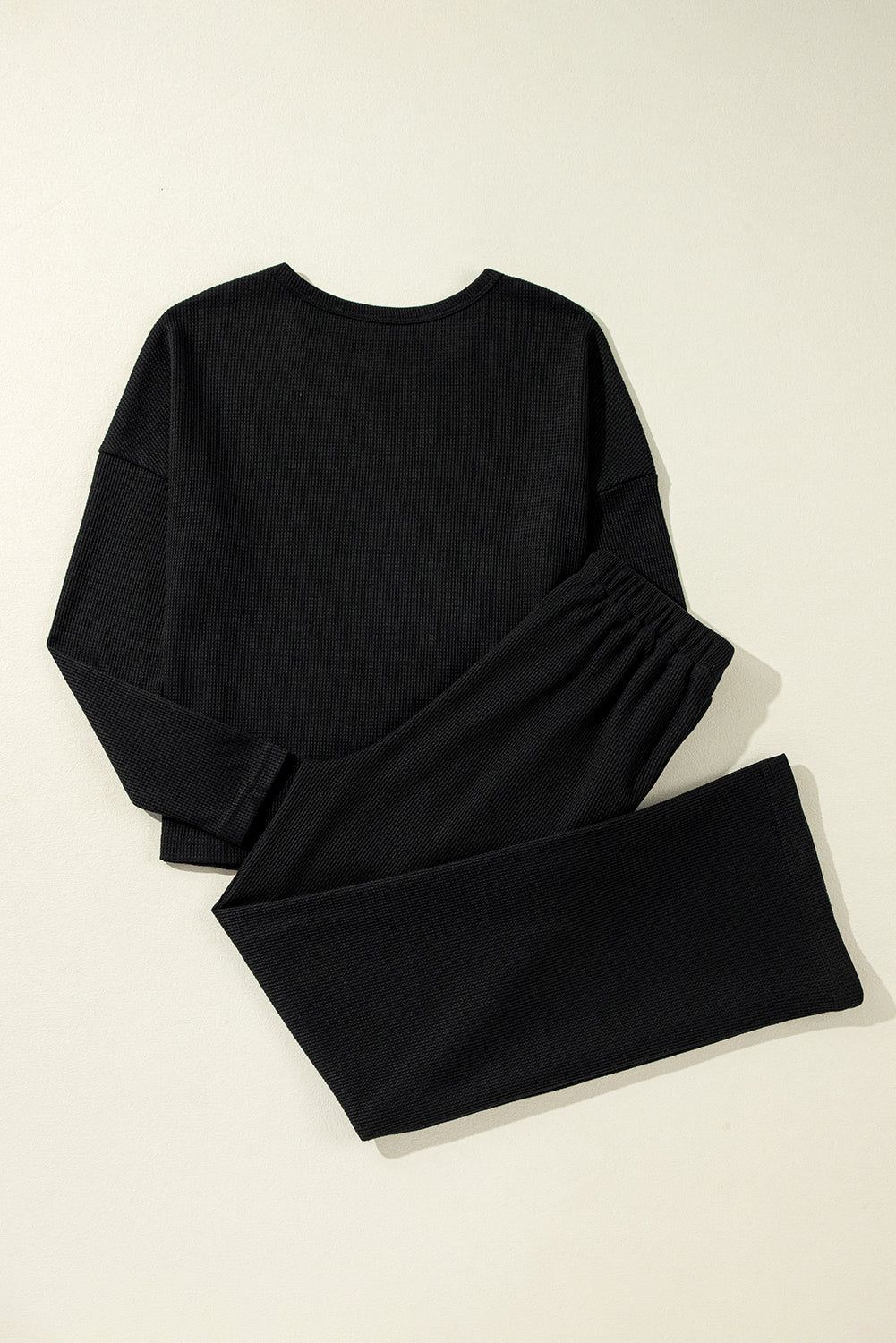 Textured Long Sleeve T Shirt And Pants Lounge Set | Black