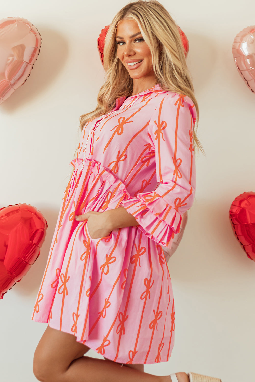 Bowknot Striped Printed Tiered Ruffled Mini Shirt Dress | Pink