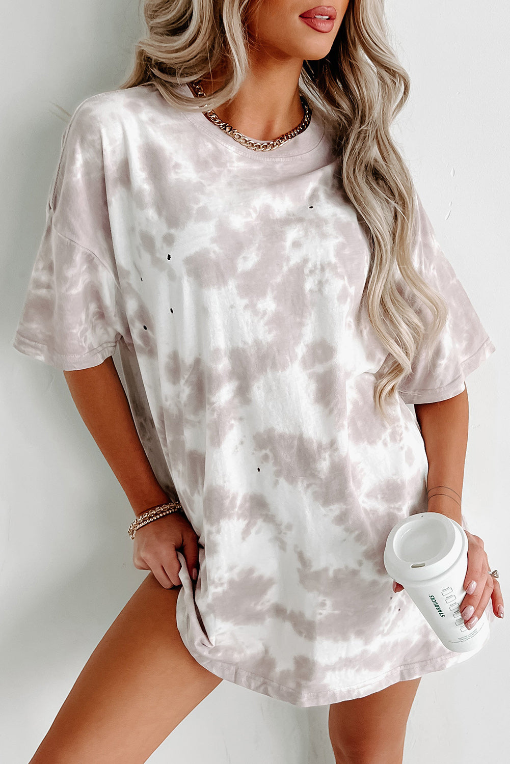 Tie-Dye Round Neck Short Sleeve Top | White