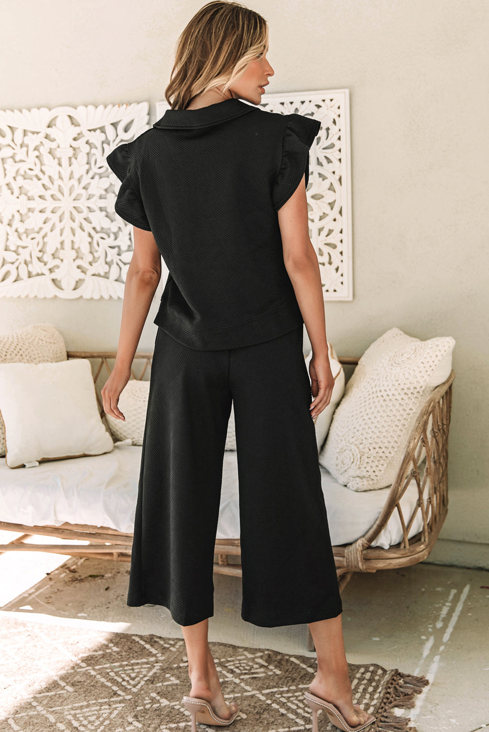 Textured Flutter Sleeve Top Wide Leg Pants Set | Black