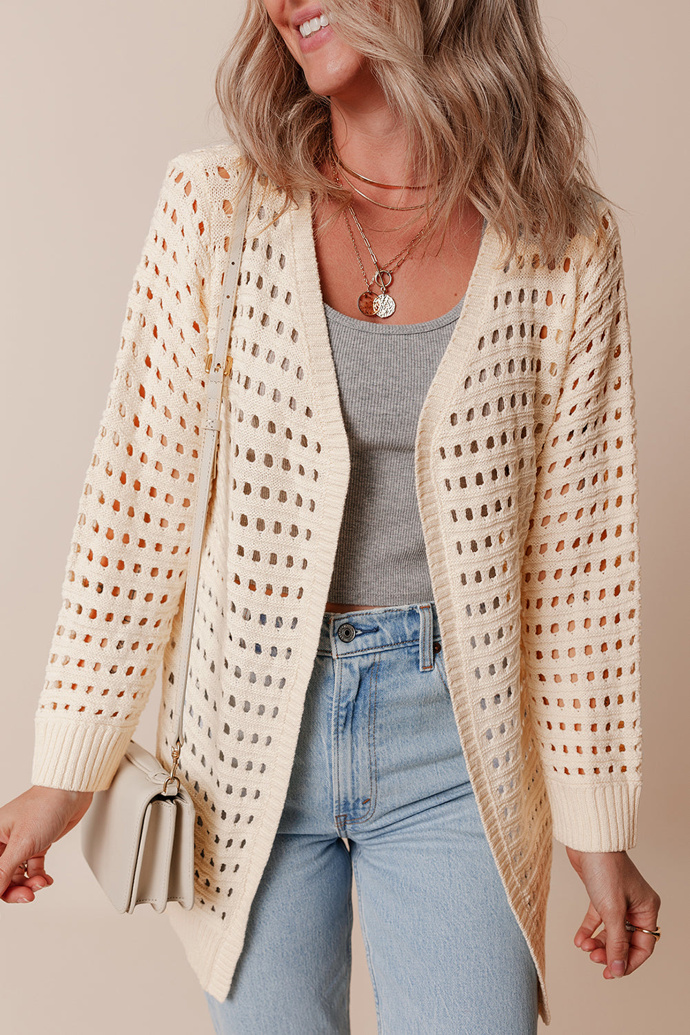 Solid Colour Open Knit Duster Cardigan | Apricot