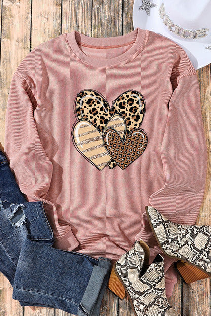 Leopard Heart Shape Corded Loose Fit Sweatshirt | Pink