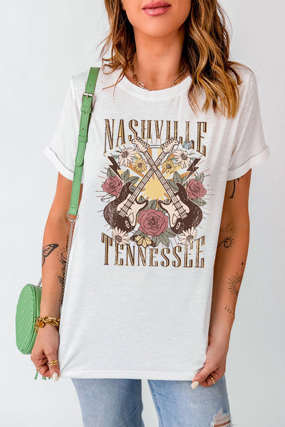 Nashville Tennessee Guitar Rose Graphic Crewneck Tee | White