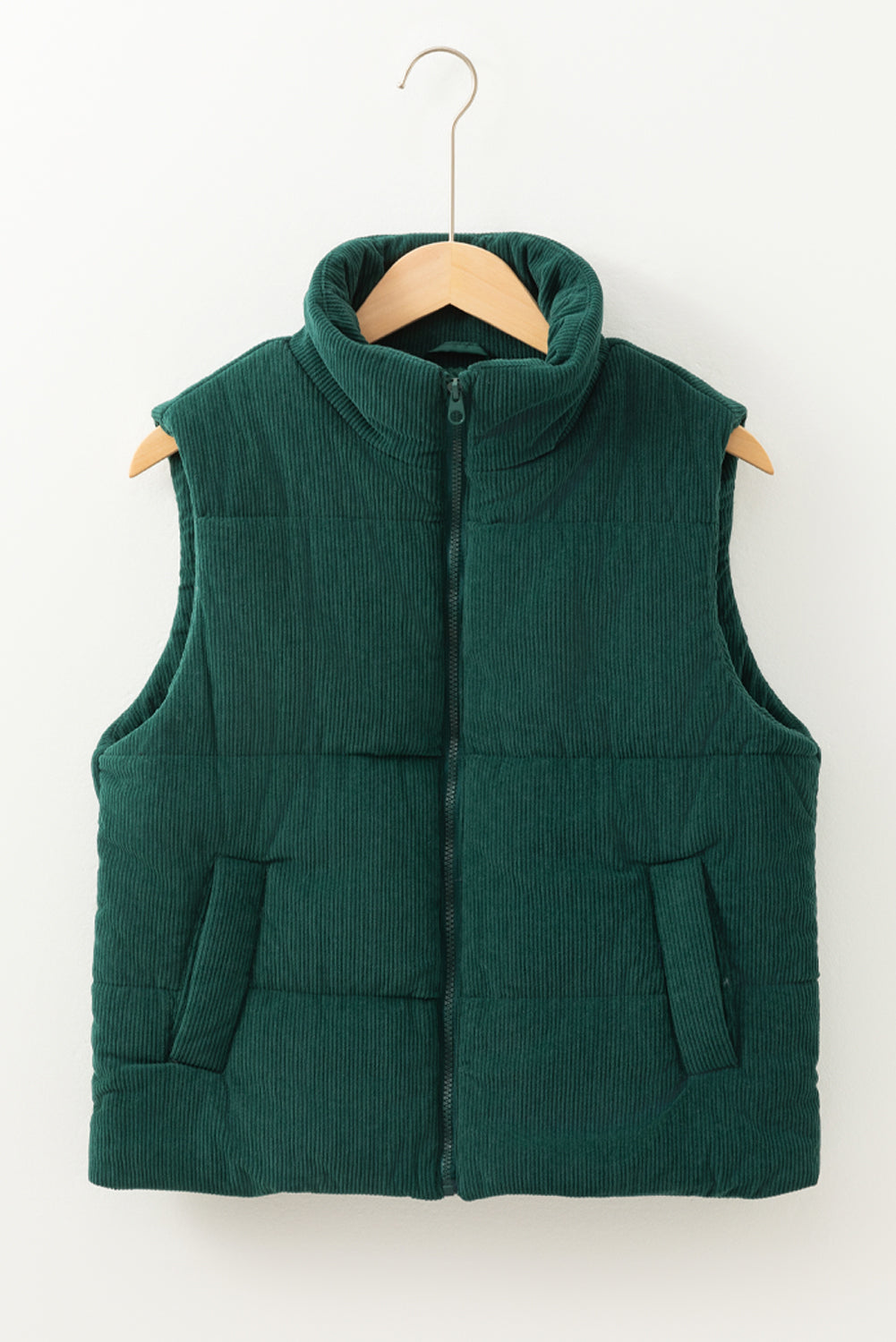 Corduroy Stand Neck Zipped Puffer Vest | Jungle Green