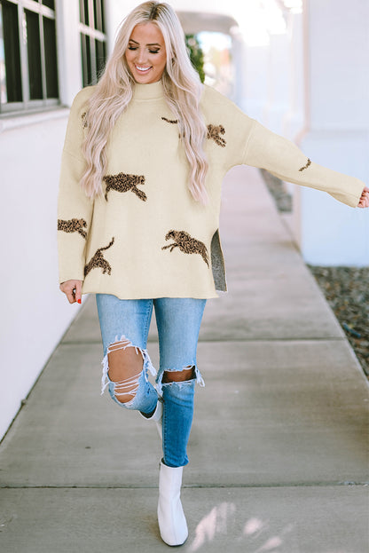 Lively Cheetah Print High Neck Split Hem Sweater | Parchment