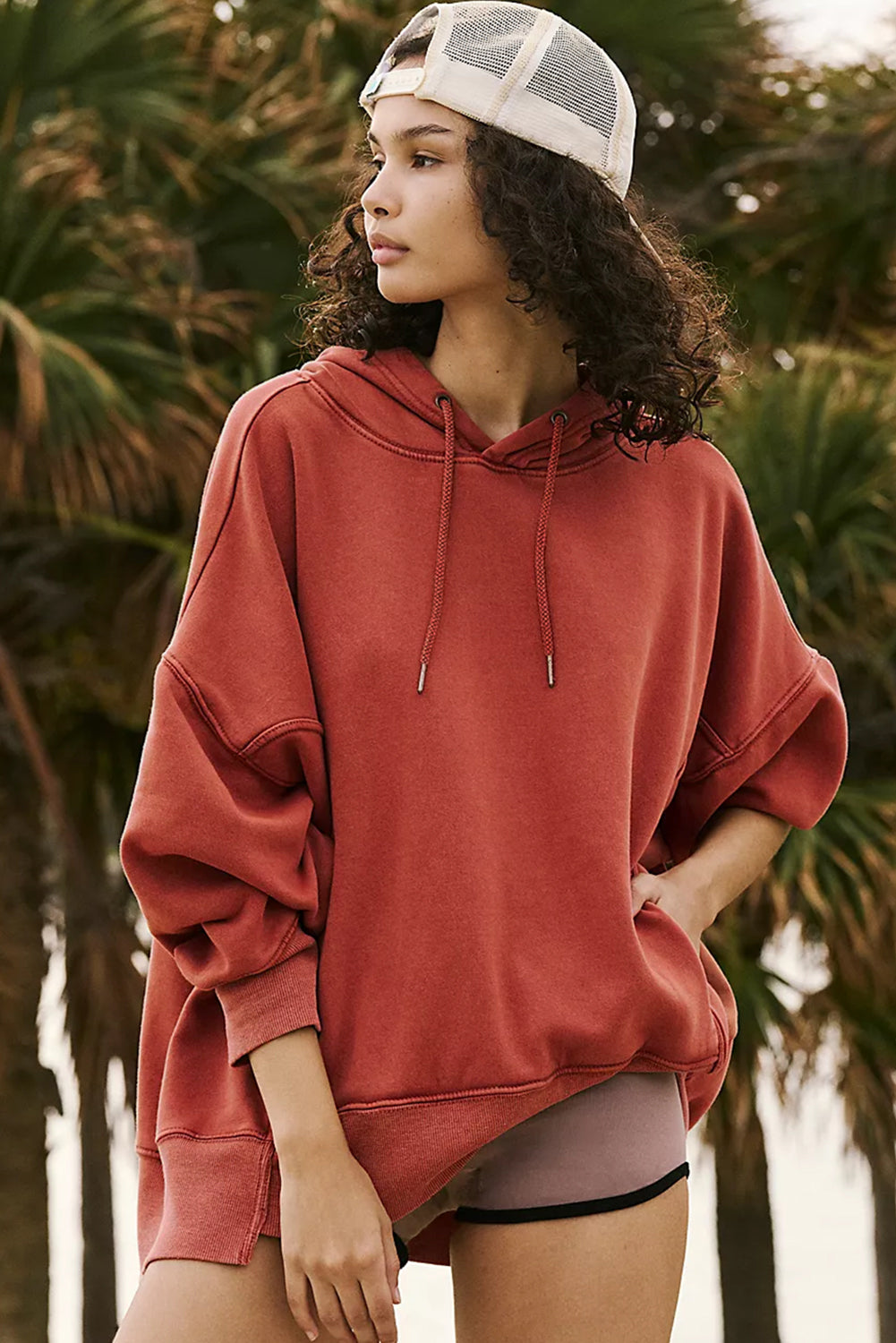 Drop Shoulder Pocketed Baggy Drawstring Hoodie | Red Clay