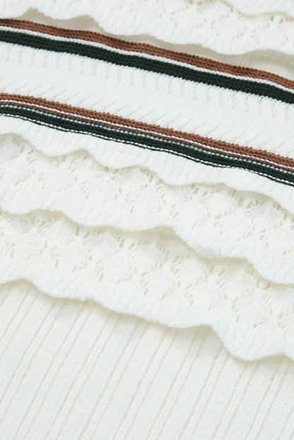 Striped Ribbed Scalloped Detail Knit Sweater | White