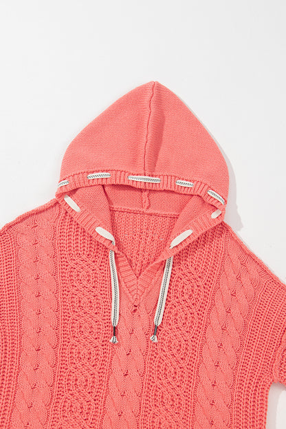 Cable Knit V Neck Contrast Drawstring Hooded Sweater | Gold Flame