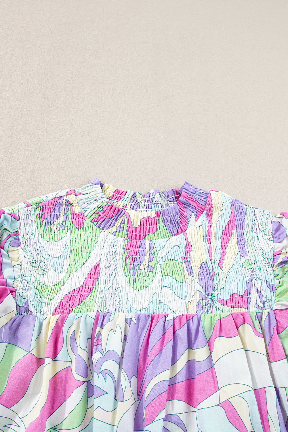 Abstract Print Bubble Sleeve Smock Detail Blouse | Green