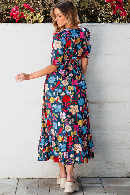 Retro Floral Printed Split Neck Maxi Dress | Green