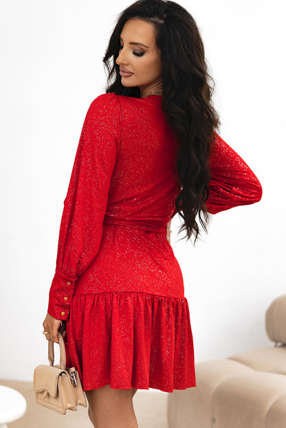 Tinsel Buttoned Bishop Sleeve Surplice Neck Ruffled Mini Dress | Racing Red