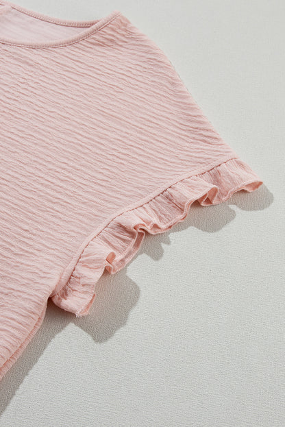 Solid Textured Ruffled Short Sleeve Blouse | Light Pink