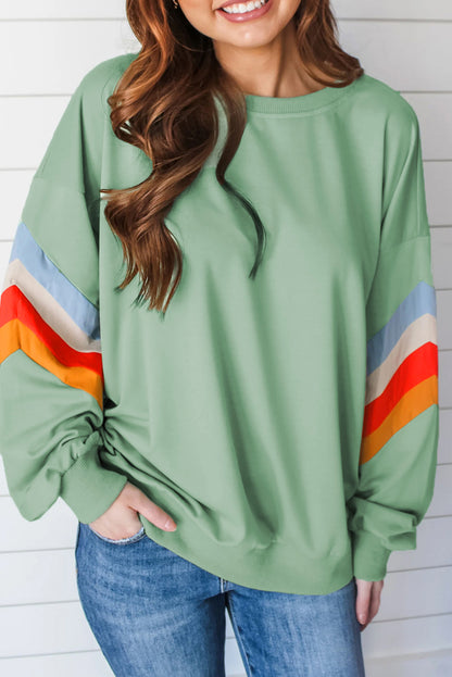 Rainbow Striped Sleeve Crew Neck Loose Sweatshirt | Moonlight Jade