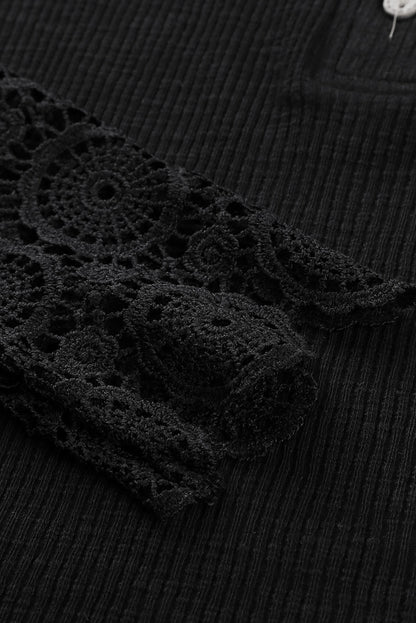 Crochet Lace Hem Sleeve Button Top | Black