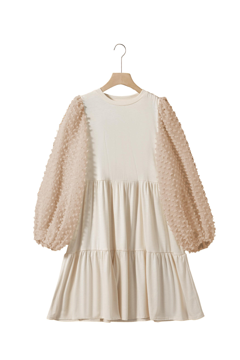 Embellished Puff Sleeve Tiered A-Line Dress | Beige