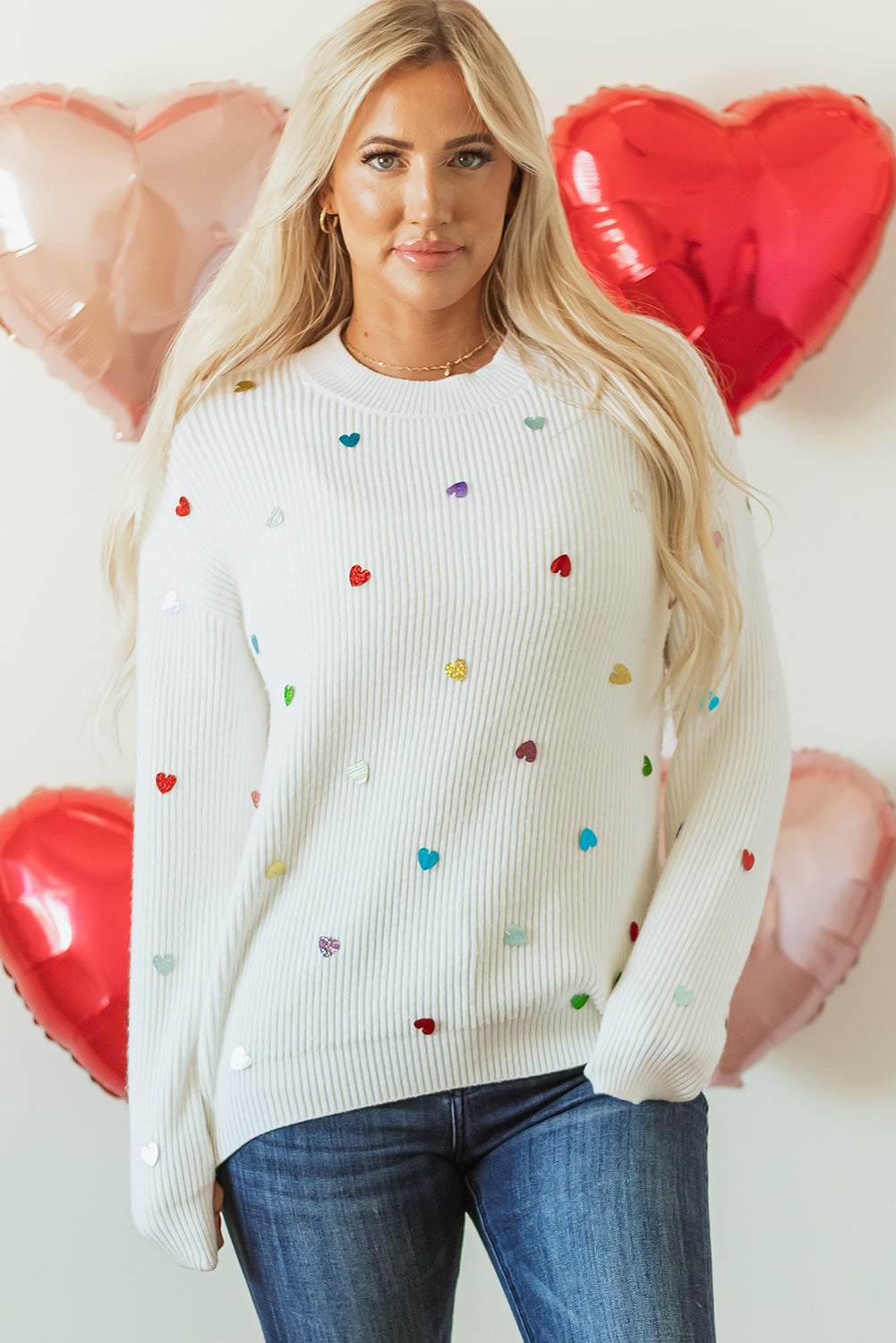 Sequin Heart Shape Waffle Knit Round Neck Sweater | Beige