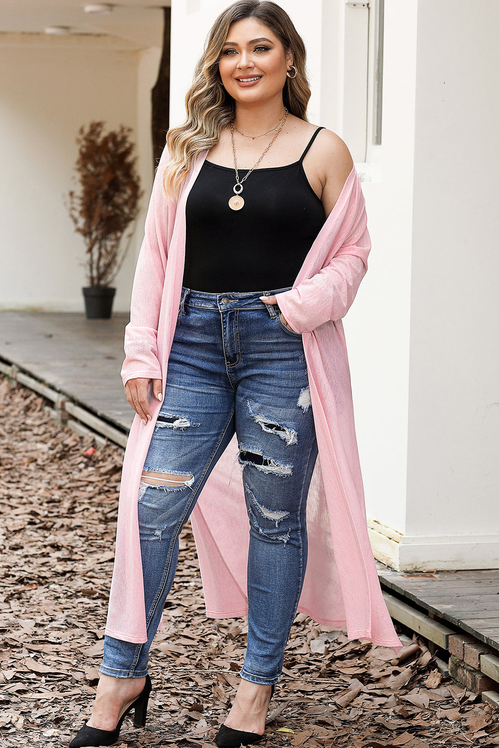 Sheer Knitted Long Side Slit Plus Size Cardigan | Pink