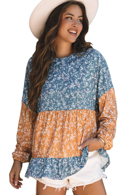 Floral Colour Block Patchwork Ruffled Hem Round Neck Blouse | Orange