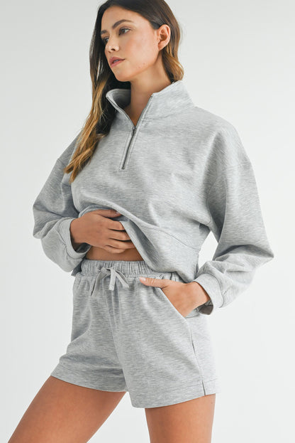 Stand Neck Zipped Sweatshirt And Shorts Set | Light Grey