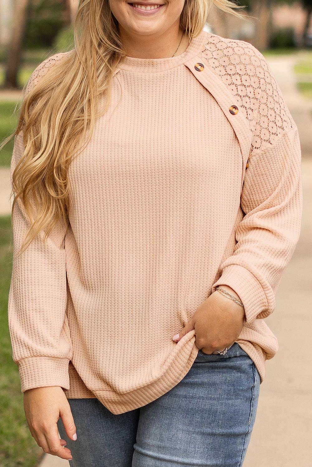 Plus Size Lace Patchwork Buttons Waffle Knit Top | Beige