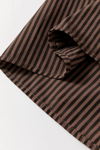 V Neck Roll Up Sleeve Pocket Patched Classic Shirt | Brown Stripe