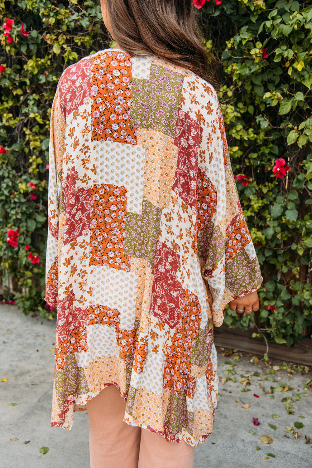 Boho Patchwork Floral Open Front Kimono | White