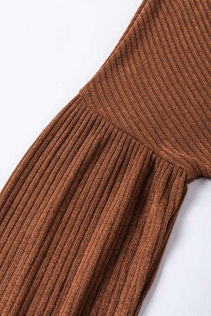 Ribbed Knit Drop Shoulder Ruffled Sleeve Textured Top | Chestnut