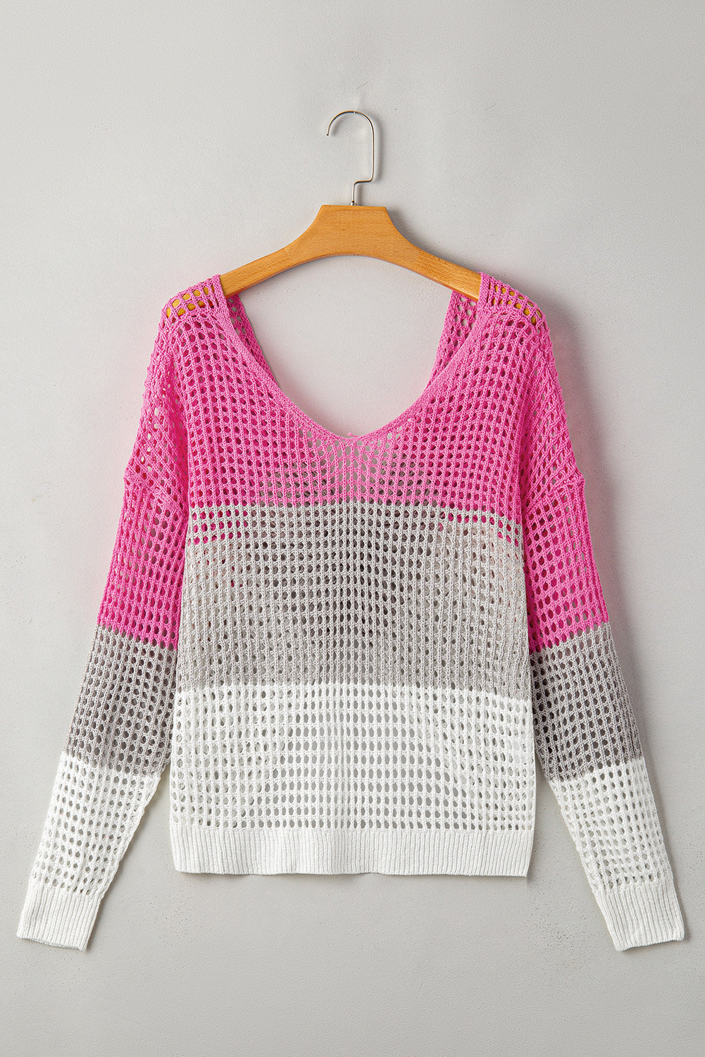 Colour Block Eyelet Long Sleeve Twisted Back Knit Top | Pink