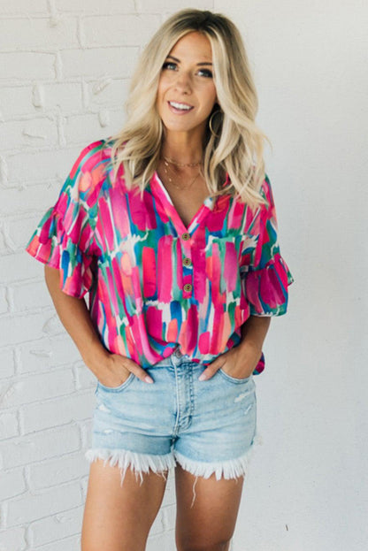 Abstract Brushwork Print Buttoned V Neck Blouse | Rose