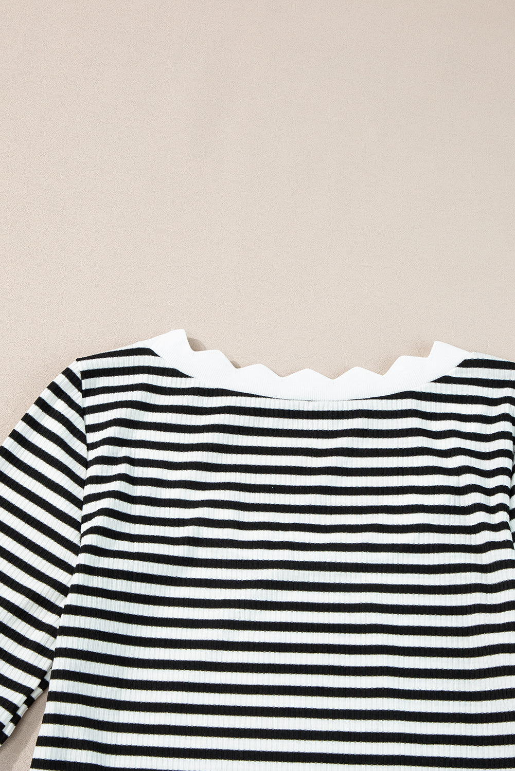 Striped Contrast Scallop Trim Half Sleeve T-Shirt | Black