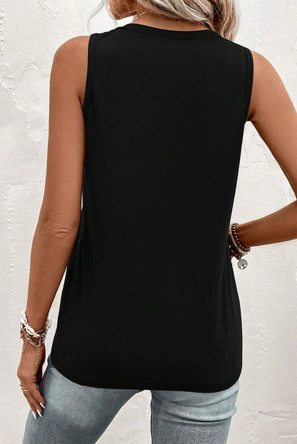 Half Button V Neck Patched Pocket Tank Top | Black