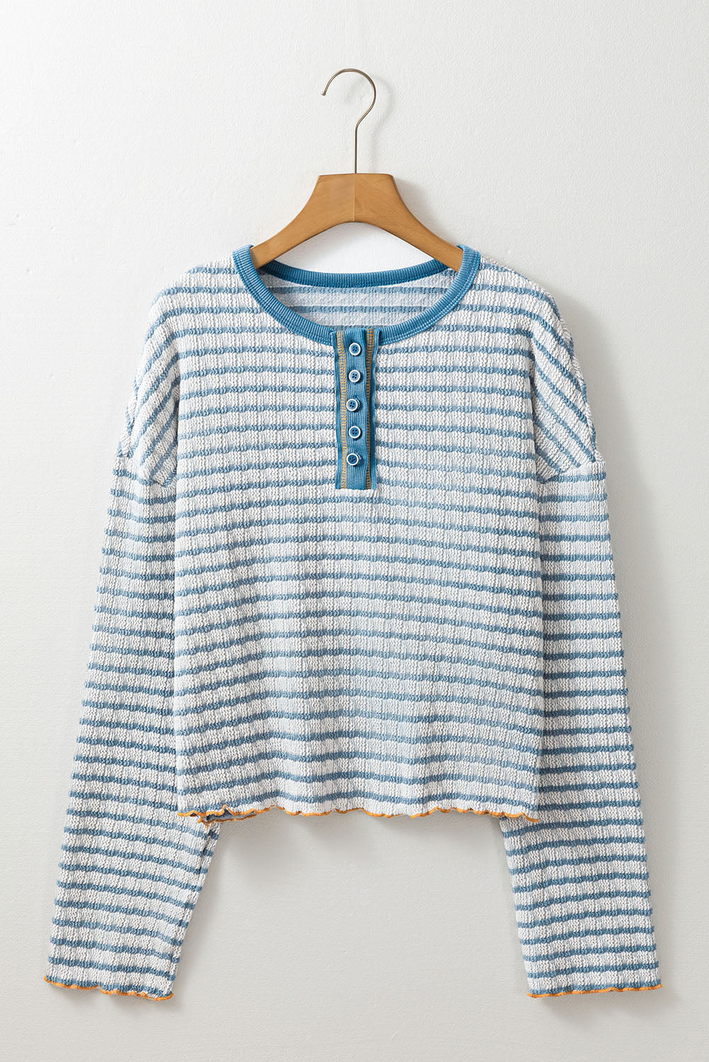 Textured Frilly Trim Buttons Henley Long Sleeve Top | Sky Blue Stripe