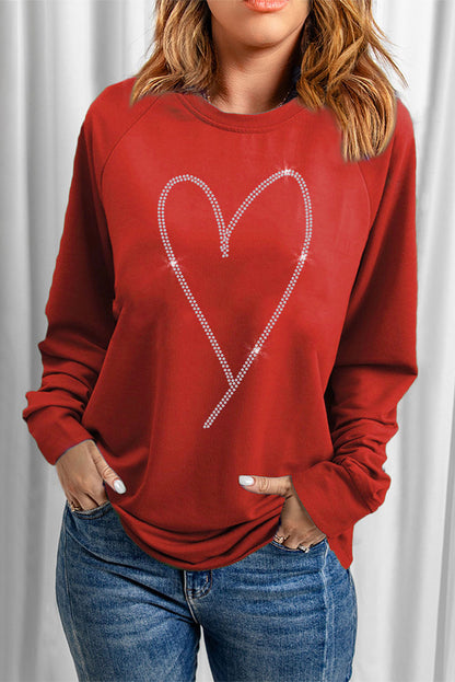 Fiery  Rhinestone Heart Shaped Long Sleeve Sweatshirt | Red