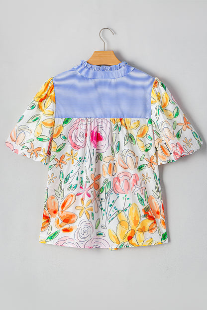 Floral Print Striped Yoke Frilled V Neck Puff Short Sleeve Blouse | Multicolour