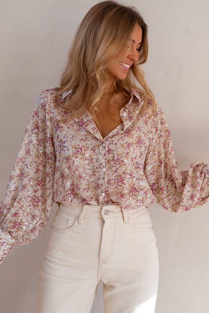 Floral Print Bishop Sleeve Collared V Neck Shirt | Pink