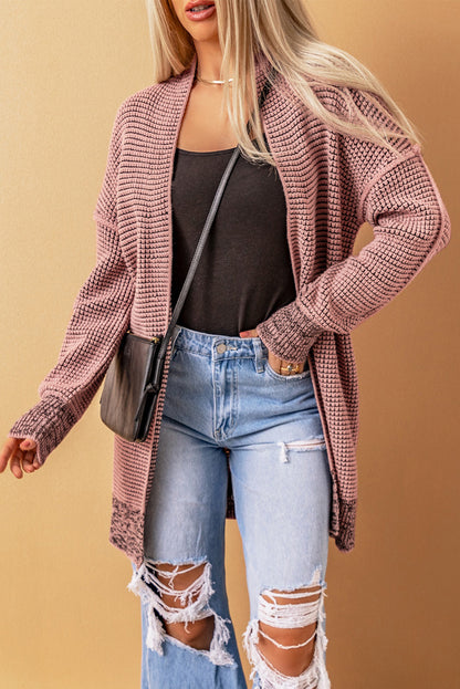 Plaid Knitted Long Open Front Cardigan | Pink