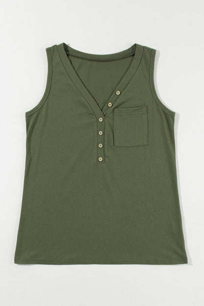 Half Button V Neck Patched Pocket Tank Top | Jungle Green